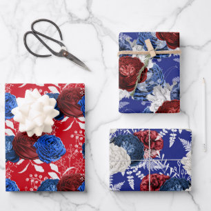 Rot, Weiß und Blau Florales USA-Muster Geschenkpapier Set