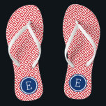 Rot-Weiß- und Blau-Griechenlandschlüsselmonogramm Flip Flops<br><div class="desc">Maßgeschneiderte,  bedruckte Flop-Sandalen mit einem stilvollen,  modernen griechischen Schlüsselmuster und einem eigenen Monogramm oder einem anderen Text in einem Kreisrahmen. Klicken Sie auf Anpassen,  um Schriftart und Farben zu ändern oder eigene Bilder hinzuzufügen,  um ein einzigartiges Design zu erstellen!</div>