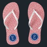 Rot-Weiß- und Blau-Griechenlandschlüsselmonogramm Flip Flops<br><div class="desc">Maßgeschneiderte,  bedruckte Flop-Sandalen mit einem stilvollen,  modernen griechischen Schlüsselmuster und einem eigenen Monogramm oder einem anderen Text in einem Kreisrahmen. Klicken Sie auf Anpassen,  um Schriftart und Farben zu ändern oder eigene Bilder hinzuzufügen,  um ein einzigartiges Design zu erstellen!</div>