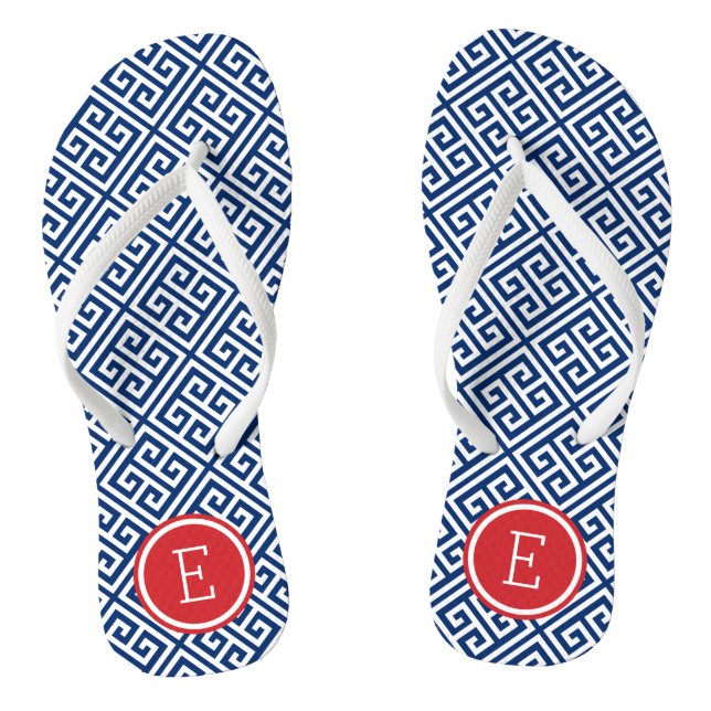 Rot-Weiß- und Blau-Griechenlandschlüsselmonogramm Flip Flops (Fußbett)