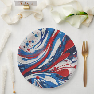 Rot weiß und blau lackierte Pour Swirl Pappteller