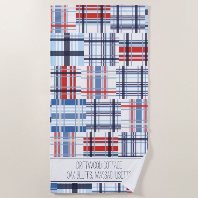 Rot, Weiß und Blau Madras Badetücher mit Text Strandtuch (Vorderseite)