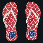 Rot-Weiß und Blau-marokkanisches Quatrefolienmonog Flip Flops<br><div class="desc">Maßgeschneiderte,  bedruckte Flop-Sandalen mit einem stilvollen marokkanischen Quartrefolienmuster und einem eigenen Monogramm oder einem anderen Text in einem Kreisrahmen. Klicken Sie auf Anpassen,  um Schriftart und Farben zu ändern oder eigene Bilder hinzuzufügen,  um ein einzigartiges Design zu erstellen!</div>