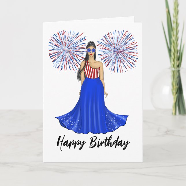 Rot, Weiß und Blau mit Feuerwerken Happy Birthday Karte (Vorderseite)