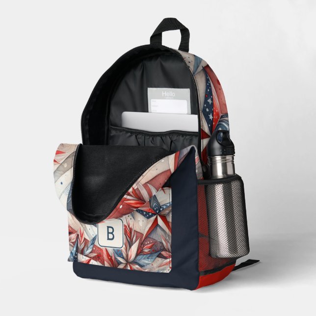 Rot-Weiß und Blau-Monogramm Bedruckter Rucksack (Rückseitige Ecke links (Offen) )