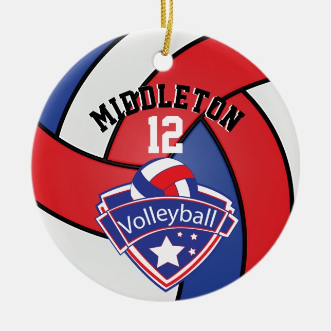 🏐 Rot, Weiß und Blau Personalisieren Volleyball Keramik Ornament (Vorne)