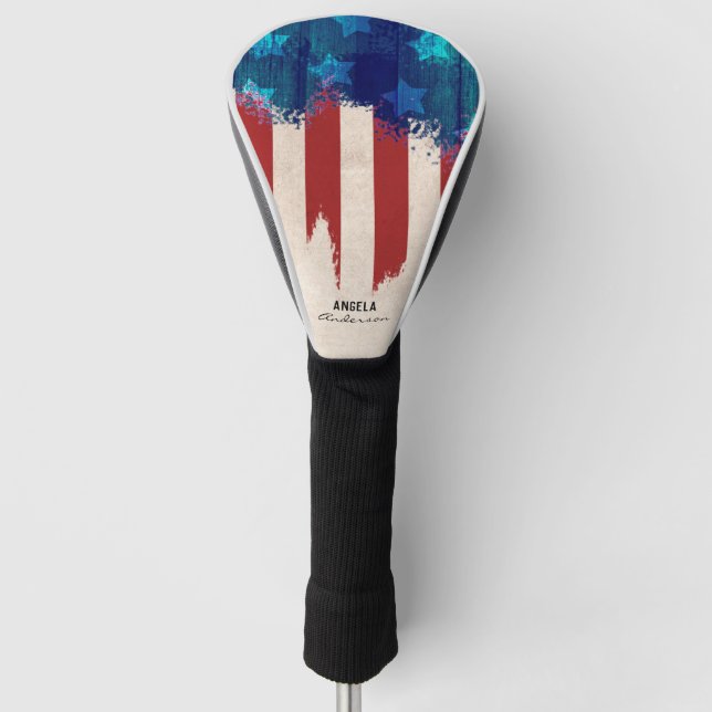 Rot Weiß und Blau Rustikales Holz Custom Golf Headcover (Vorderseite)