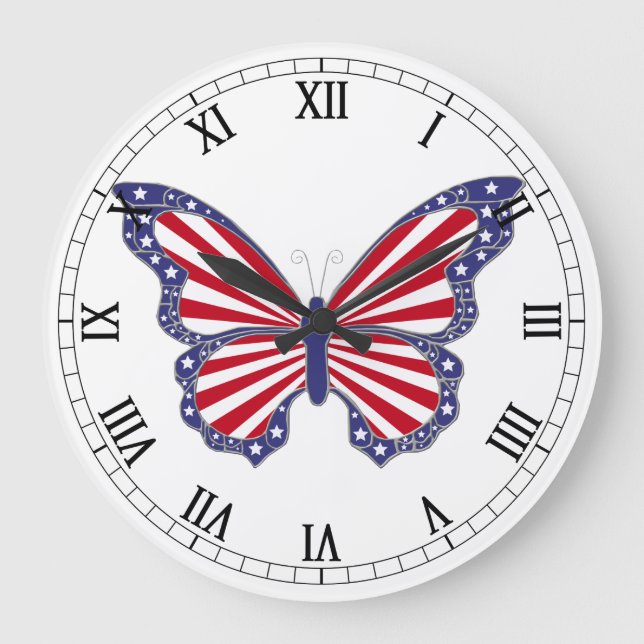 Rot weiß und blau Schmetterling römische Zahlen Uh Große Wanduhr (Vorderseite)