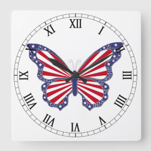 Rot weiß und blau Schmetterling römische Zahlen Uh Quadratische Wanduhr