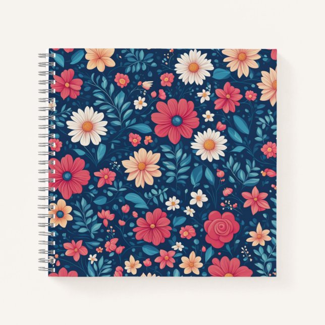 Rot-Weiß und Blau Stilvolle Blume und Foliage Notizbuch (Vorderseite)
