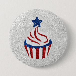 Rot, Weiß und Blauer Cupcake 4. Juli Glitzer Button