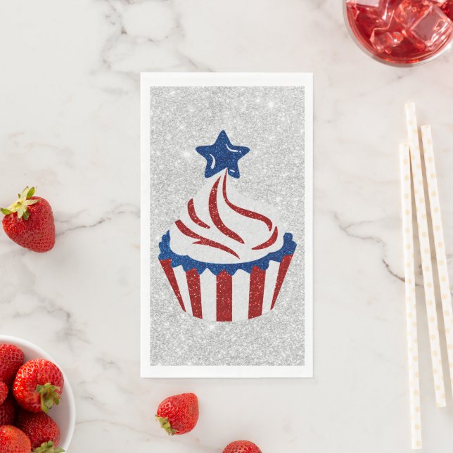 Rot, Weiß und Blauer Cupcake 4. Juli Glitzer Serviette (Beispiel)