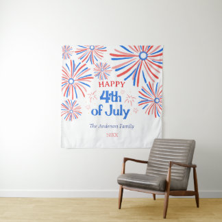 Rot, Weiß und Blauer Feiertag 4. Juli Feuerwerk Wandteppich
