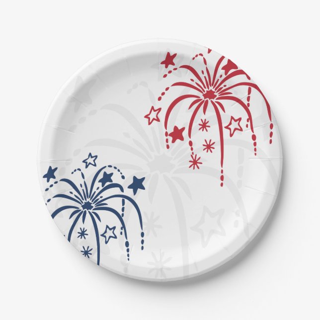 Rot-Weiß- und Blauer Feuerwerk 4. Juli Party Pappteller (Vorderseite)