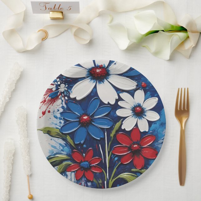 Rot-Weiß und Blauer Milchblumen Pappteller (Hochzeit)