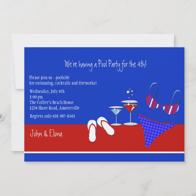 Rot, Weiß und Blauer Pool Party Einladung (Vorderseite)