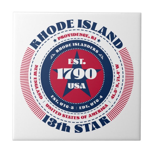 Rot, Weiß und Blauer Rhode Island Keramik Tile Fliese (Vorderseite)