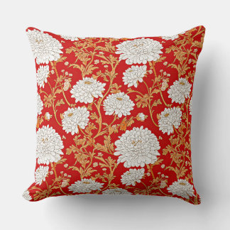 Rot Weiß und Gold Japanische Chrysantheme Blumen Kissen