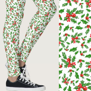 Rot, weiß und grüne Stechpalmen-Weihnachtsmuster Leggings