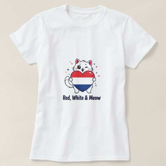 Rot, Weiß und Meow - Niedlicher Patriotischer Katz T-Shirt (Design vorne)