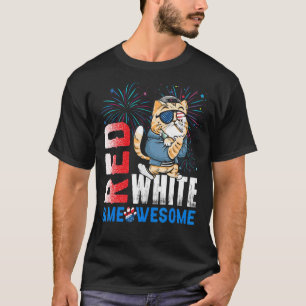 Rot Weiß Und Meowsome Feuerwerk Coole Katze 4. Jul T-Shirt