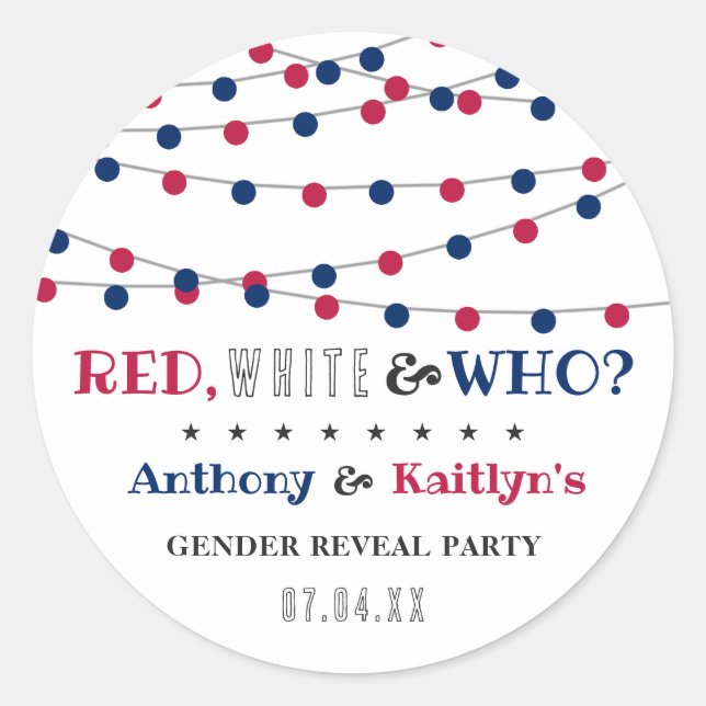 Rot, Weiß und Wer? 4. Juli Party über geschlechtss Runder Aufkleber (Vorderseite)