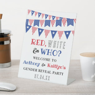 Rot, Weiß und Wer? 4. Juli Party über geschlechtss Sockelschild