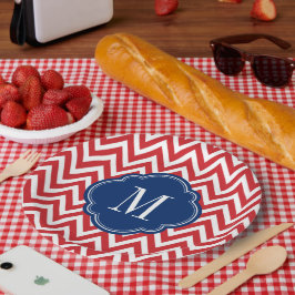 Rot-Weiß-Zickzack Monogramm Pappteller