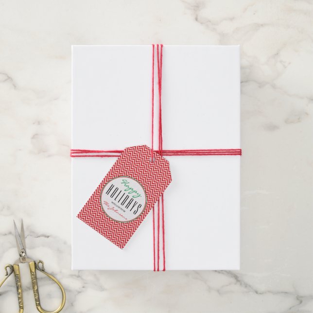 Rot-Weiß-Zickzack Personalisiertes Weihnachts-Foto Geschenkanhänger (Mit Garn)