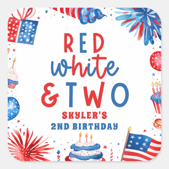 Rot, Weiß & Zwei 4. Juli 2010 Party Quadratischer Aufkleber (Vorderseite)
