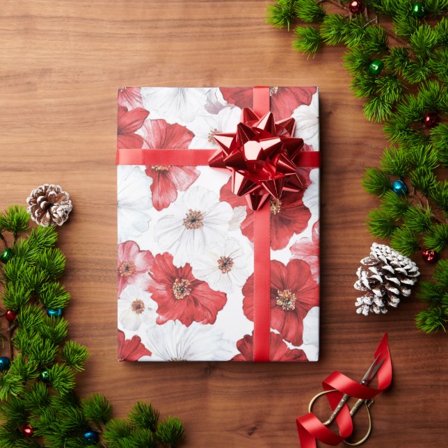 Rot Weiße Blumen Weihnachten Geschenkpapier (Feiertagsgeschenk)