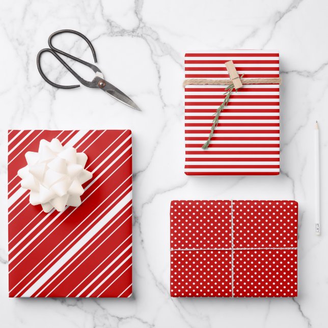 Rot-weiße Diagonal Streifen & Dots Weihnachten Geschenkpapier Set (Vorderseite)