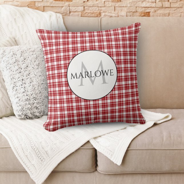 Rot-weiße Karo Kariert Monogramm Kissen (Red White Checks Plaid Monogram Throw Pillow)