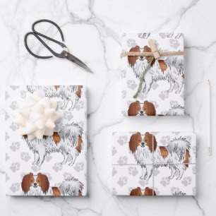 Rot-weiße Phalène-Hunde mit grauem Pfotenmuster Geschenkpapier Set