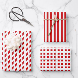 Rot-weiße Streifen Karo Rautengeometrie Geschenkpapier Set