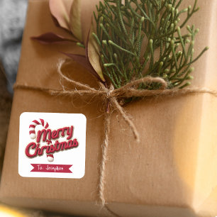 Rot & Weiße Typografie Frohe Weihnachten Name Quadratischer Aufkleber