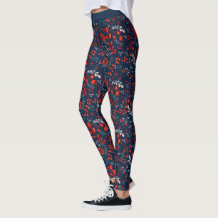 Rot-weiße Weihnachten-Blume auf dunkelblauen Legg Leggings