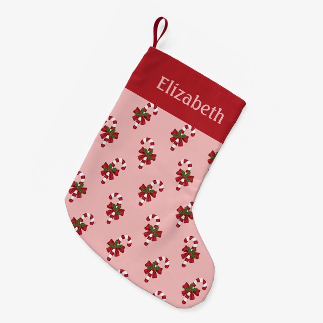 Rot-weiße Weihnachtscreme-Muster auf rosa Kleiner Weihnachtsstrumpf (Vorderansicht (hängend))