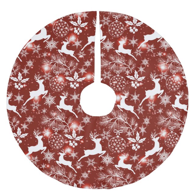 Rot-weiße Weihnachtsmuster mit Rentieren Polyester Weihnachtsbaumdecke (Vorderseite)