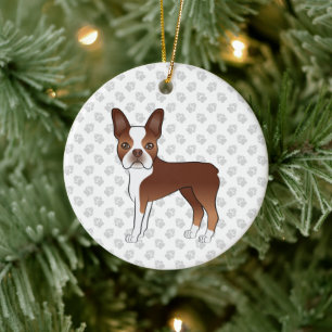 Rot-Weißer Boston-Terrier-Cartoon-Hund & Pfoten Keramik Ornament