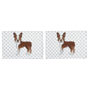 Rot-Weißer Boston-Terrier-Cartoon-Hunde & Pfoten Kissenbezug