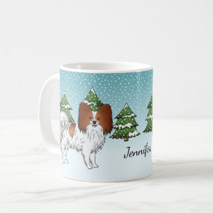 Rot-weißer Papillon-Hund im Winterwald Kaffeetasse
