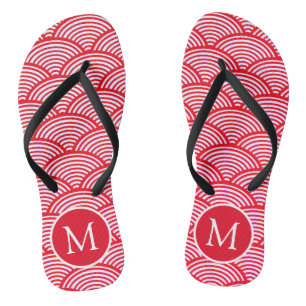 Rot-Weißes Muschel-Muster-Monogramm Flip Flops
