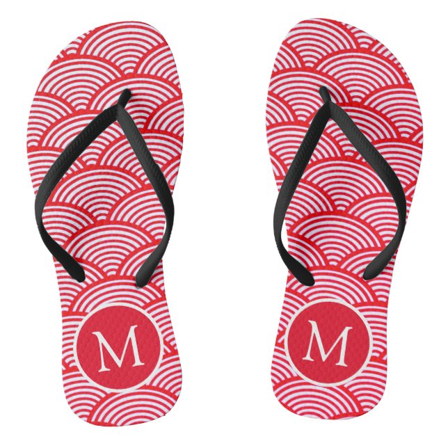 Rot-Weißes Muschel-Muster-Monogramm Flip Flops (Fußbett)
