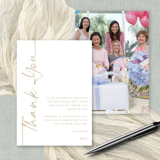 Rotated Gold Script Foto Baby Dusche Vielen Dank Karte (Front and back view. Available digitally or printed. Add your photo on the back)