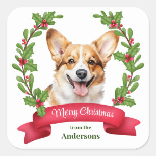Rotbanner-Stechpalmen-Corgi-Hund-Weihnachten Quadratischer Aufkleber