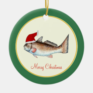 Rotbarsch-Weihnachtsmannmütze-Weihnachten auf Grün Keramikornament