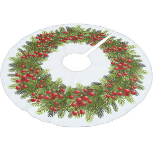 Rotbeeriges grünes Kiefernnadeln-Kranzmotiv Polyester Weihnachtsbaumdecke