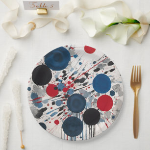 Rotblaue und graue Kreise und farbige Tropfen Pappteller
