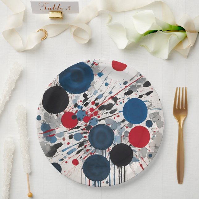 Rotblaue und graue Kreise und farbige Tropfen Pappteller (Hochzeit)